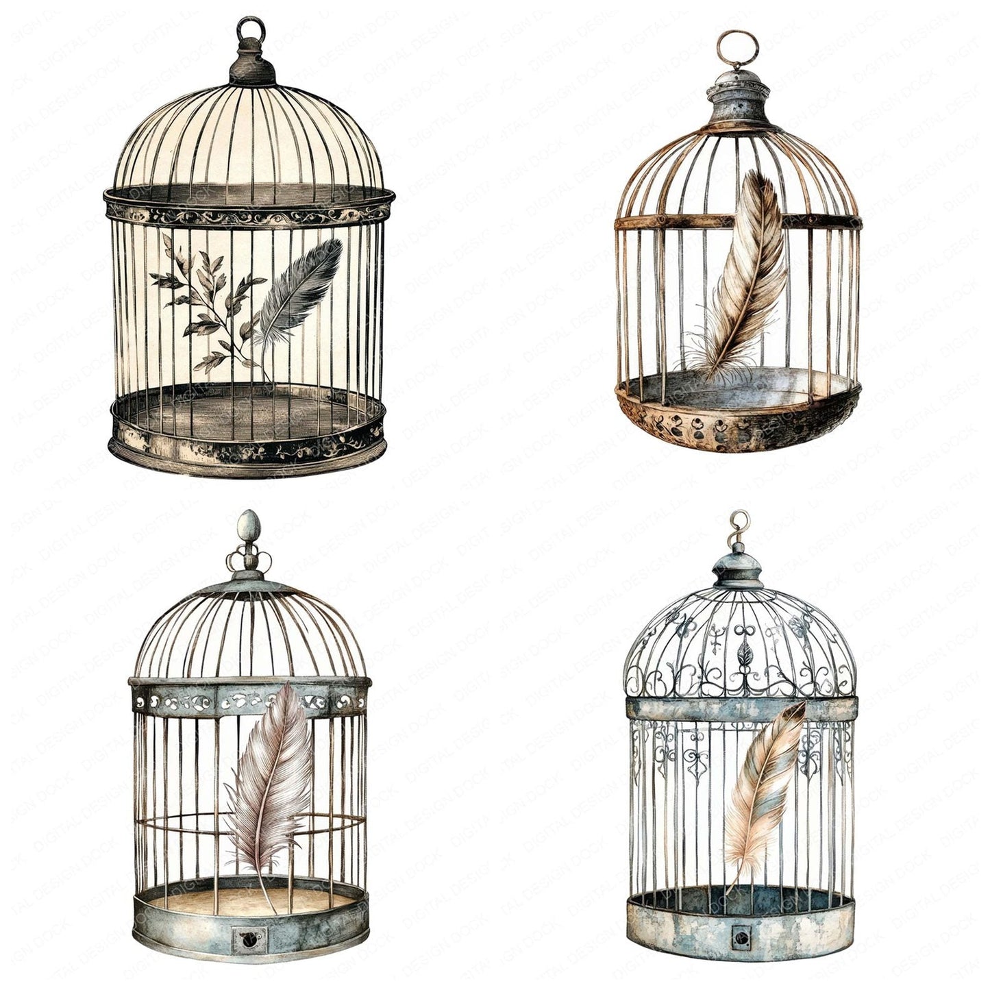 Open Birdcage with Feather Clipart Set (DDD006208)