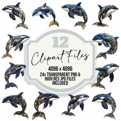 Orca Whale Baroque Blue and Gold clipart set cover showing the designs and file details