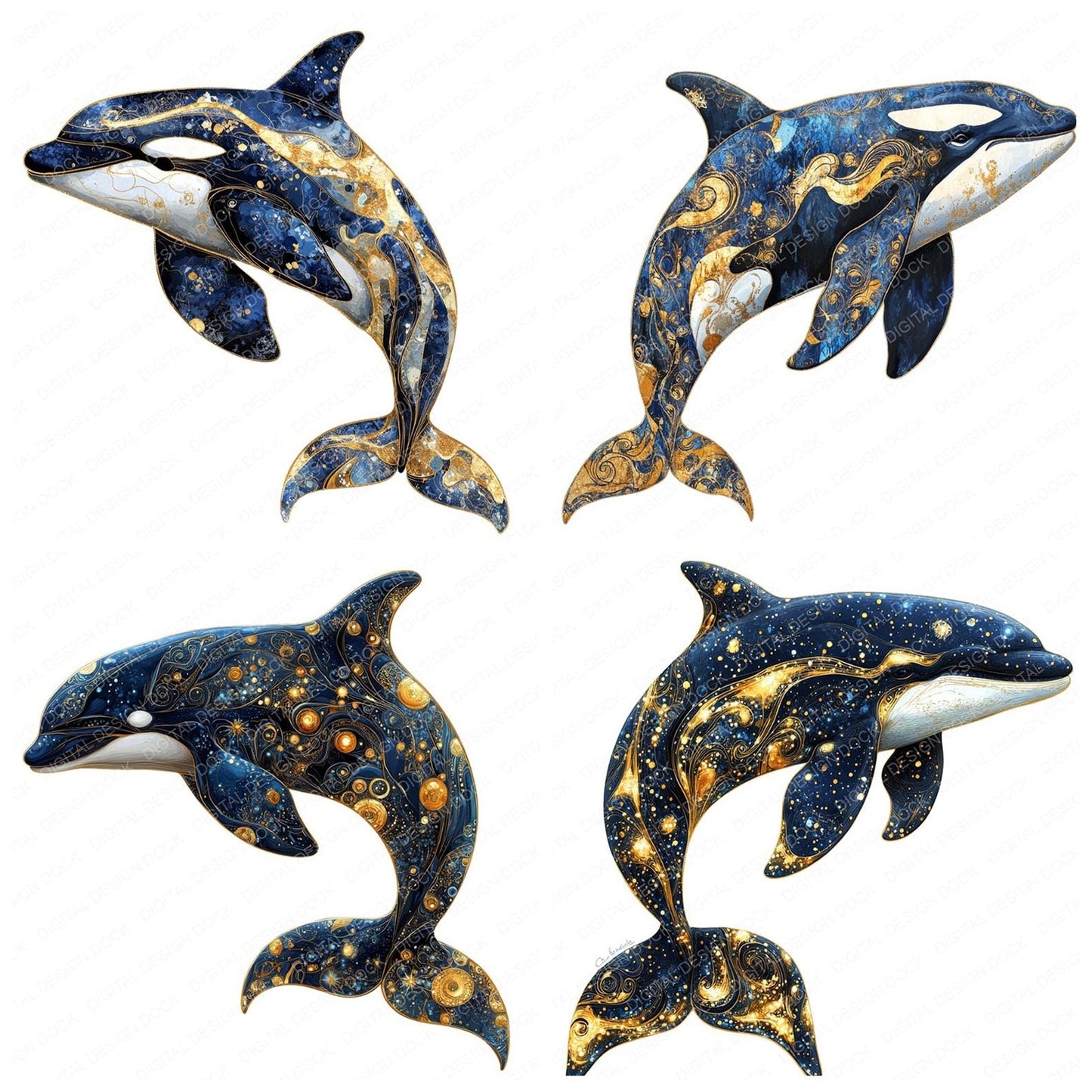 Orca Whale Baroque Blue and Gold Clipart Set (DDD006217)