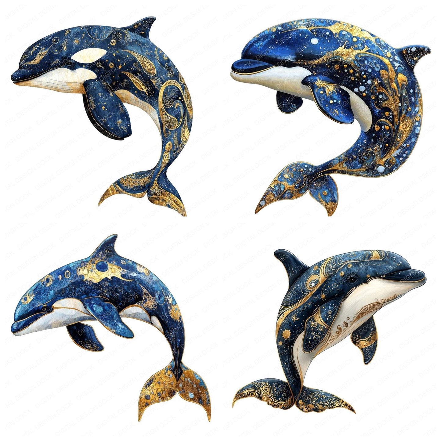 Orca Whale Baroque Blue and Gold Clipart Set (DDD006217)