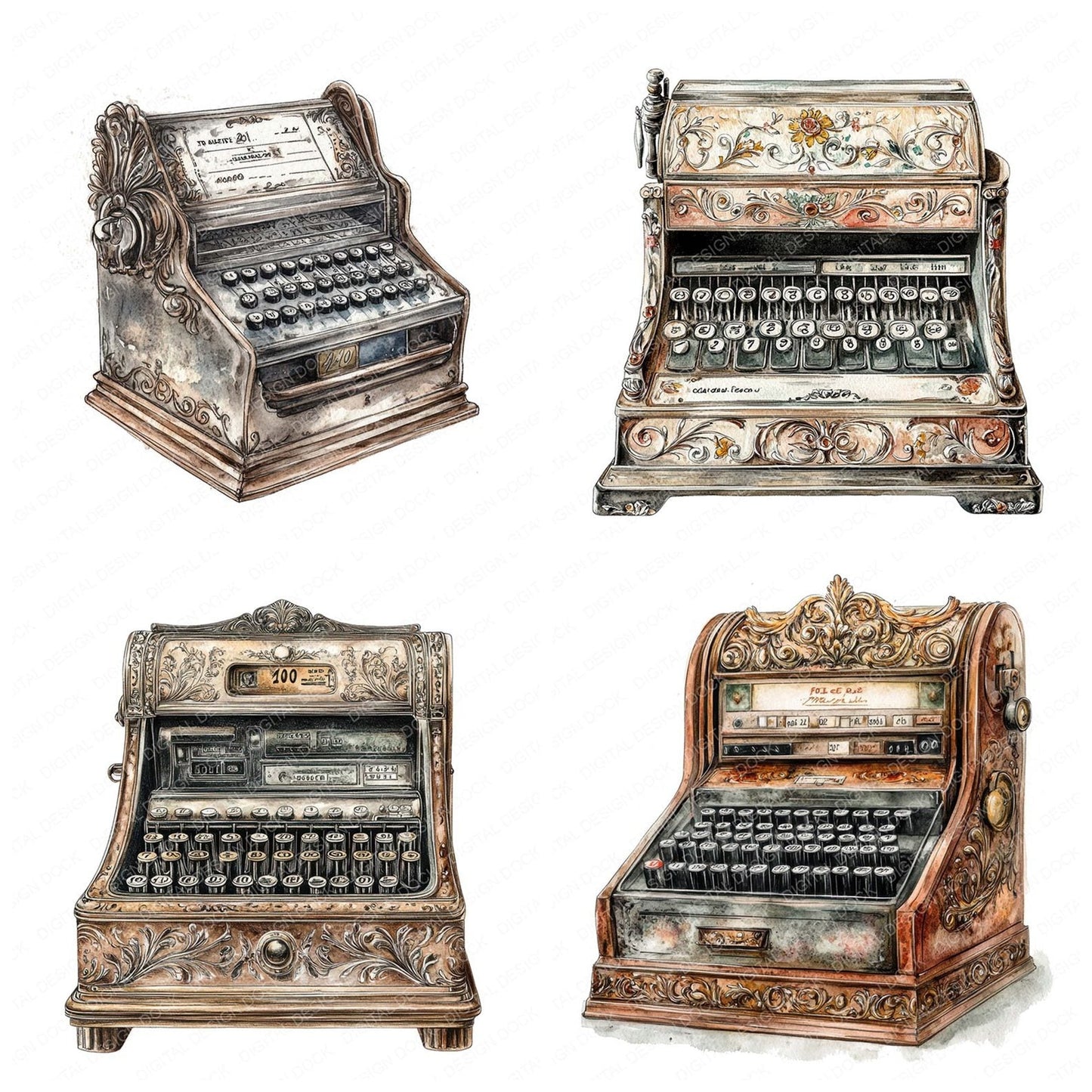 Ornate Vintage Cash Register Clipart Set (DDD006225)