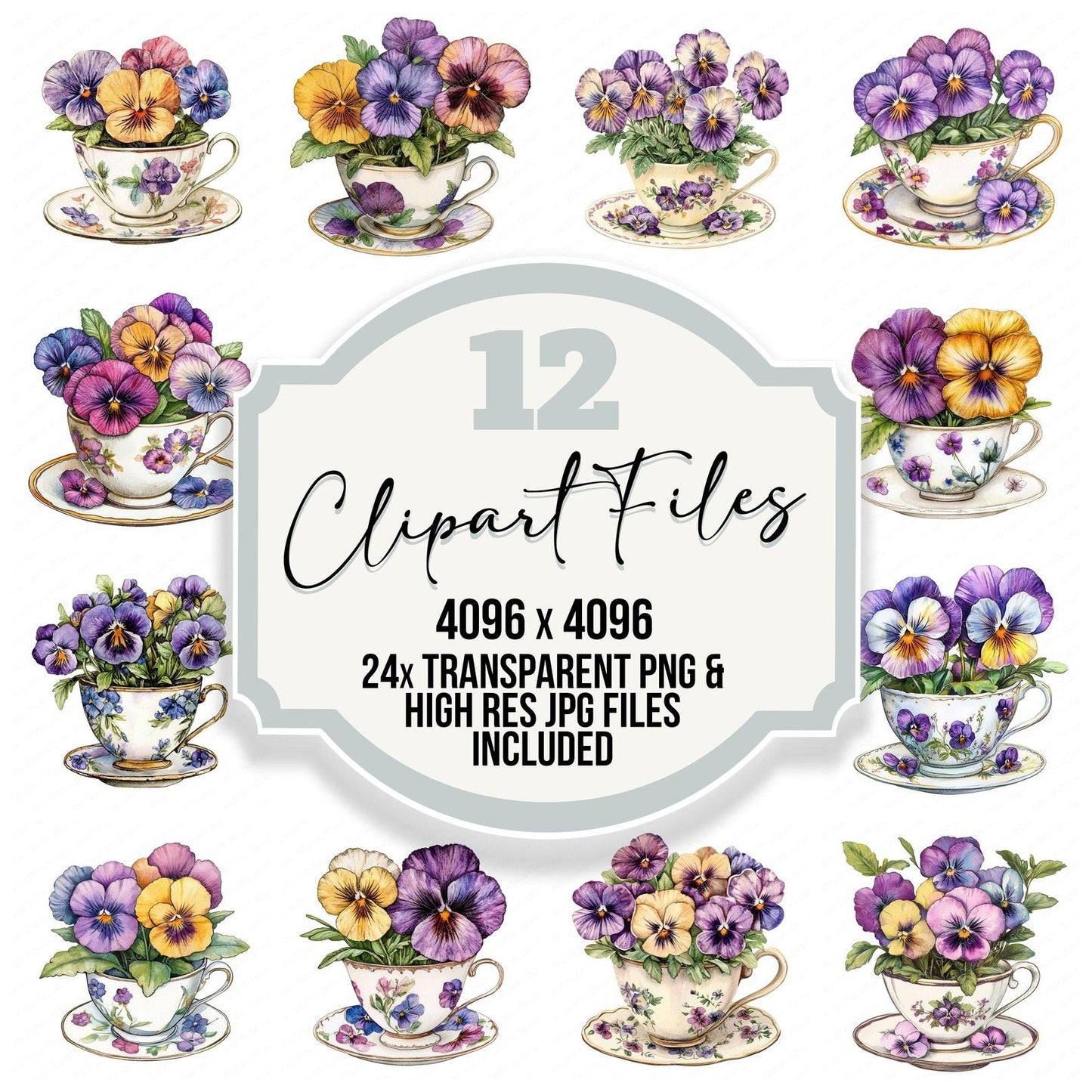 Pansies in a Teacup Clipart Set (DDD006242)