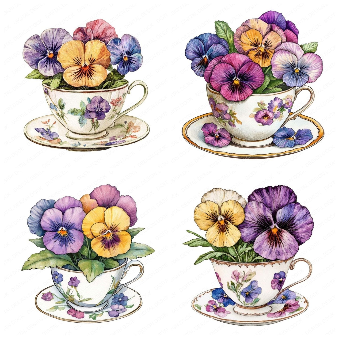 Pansies in a Teacup Clipart Set (DDD006242)
