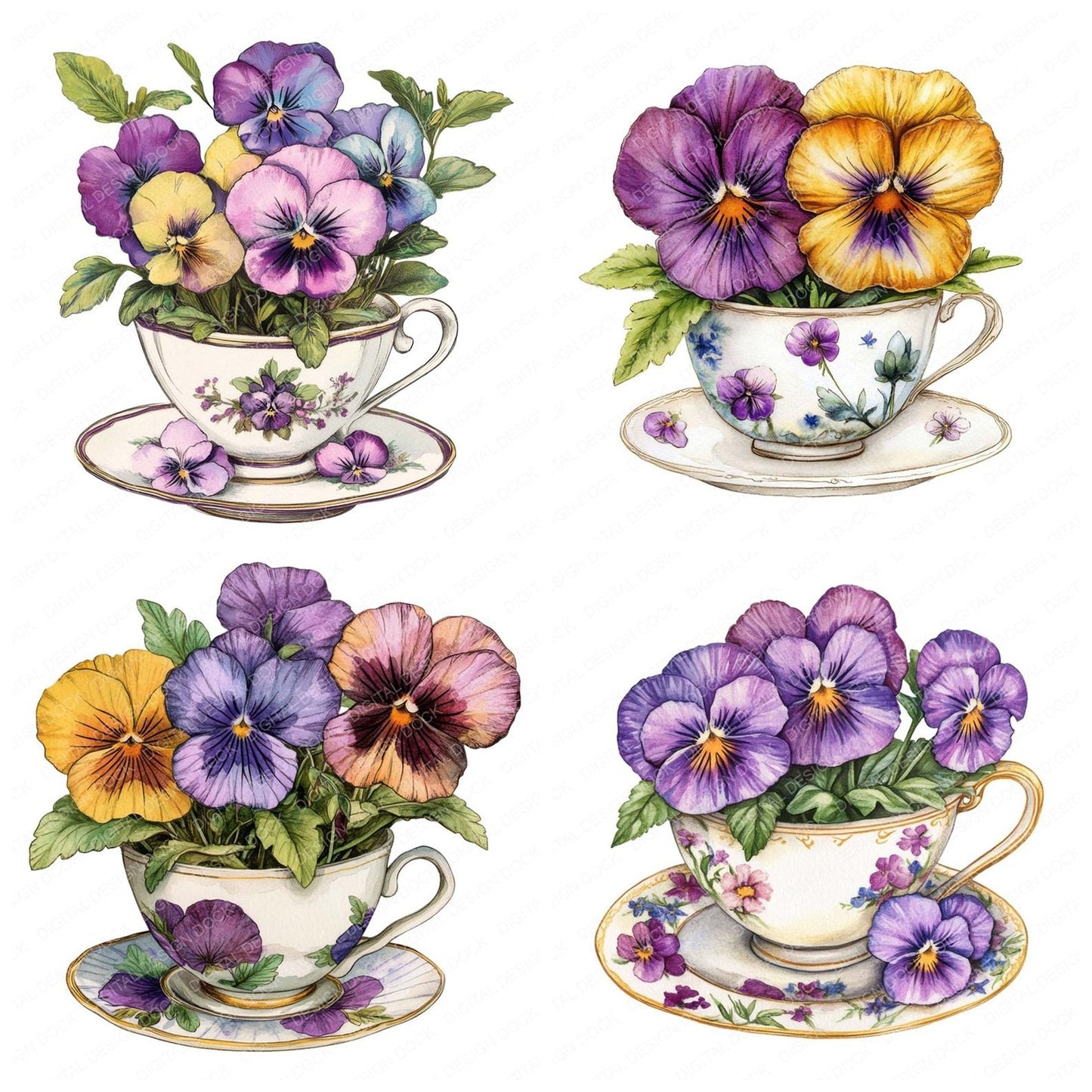 Pansies in a Teacup Clipart Set (DDD006242)