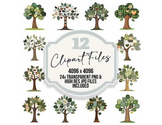 Patch Tree with Button Leaf clipart set with transparent PNGs and high resolution JPGs for crafting and design projects