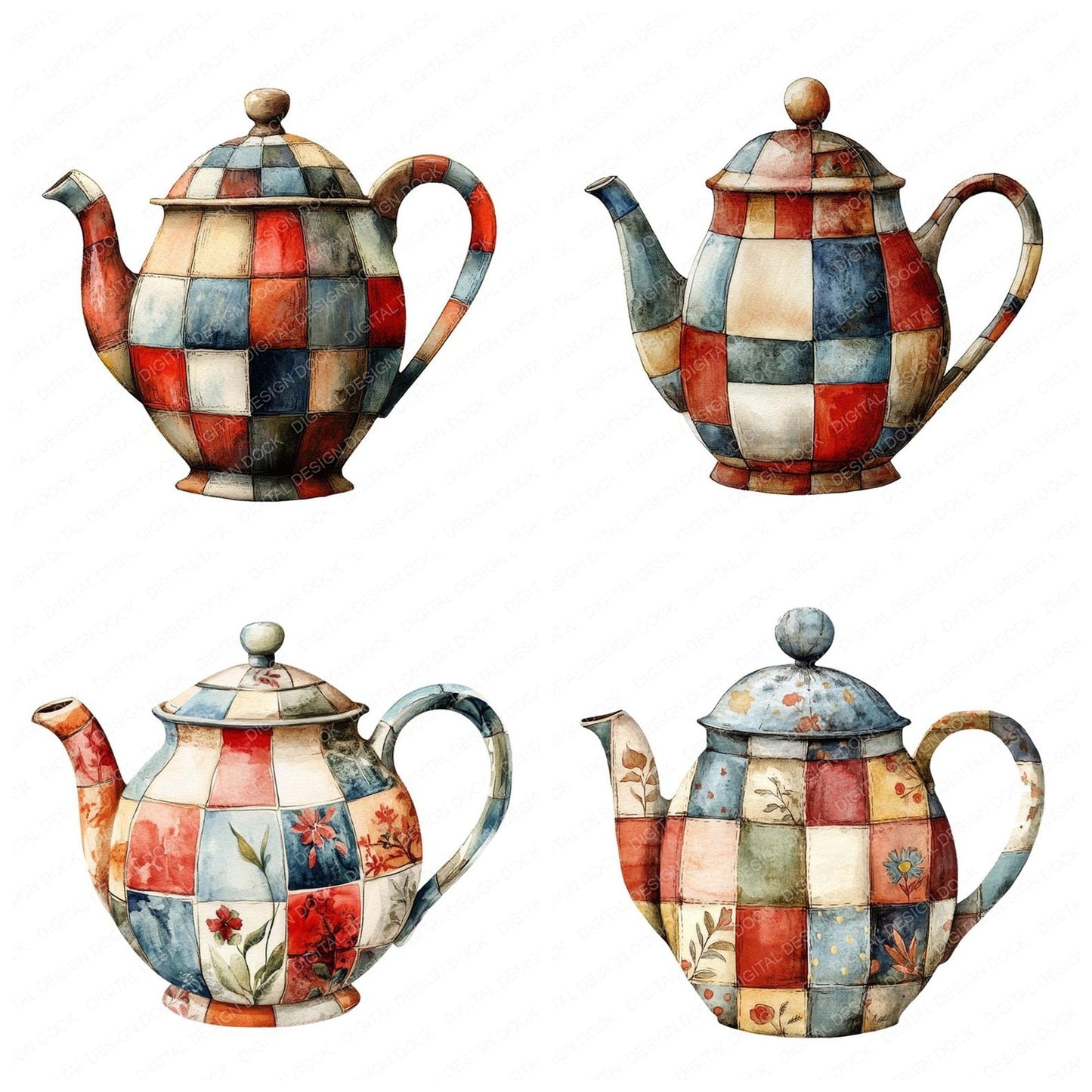 Patchwork Teapot Clipart Set (DDD006267)
