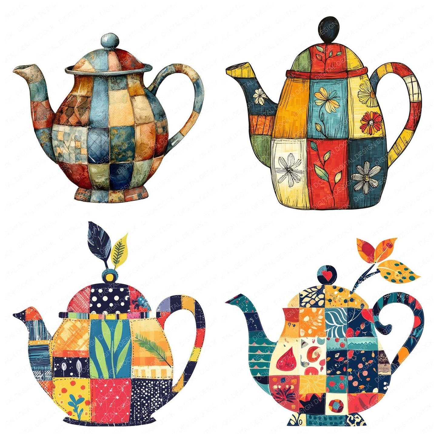 Patchwork Teapot Clipart Set (DDD006267)