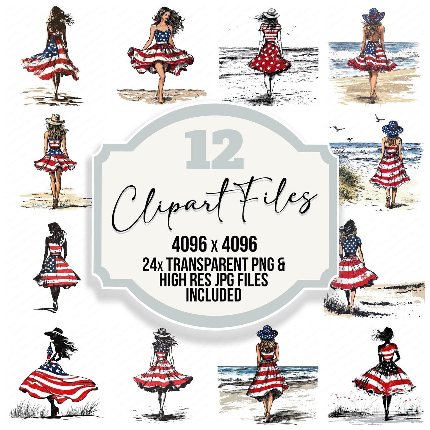 Patriotic USA Dress Woman on Beach Clipart Set (DDD006271)