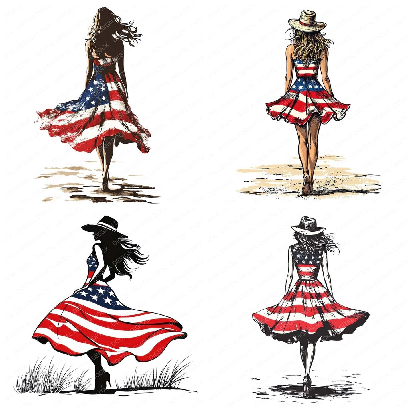 Patriotic USA Dress Woman on Beach Clipart Set (DDD006271)