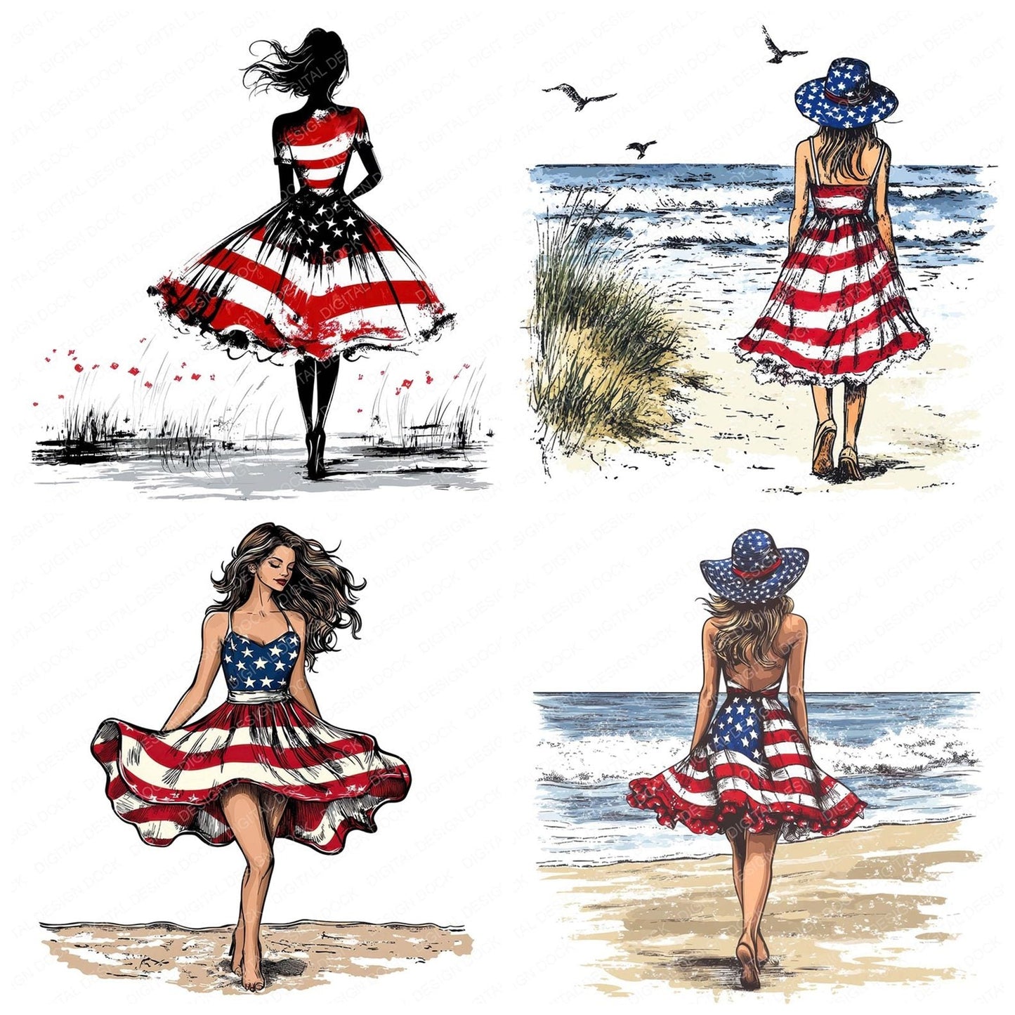 Patriotic USA Dress Woman on Beach Clipart Set (DDD006271)