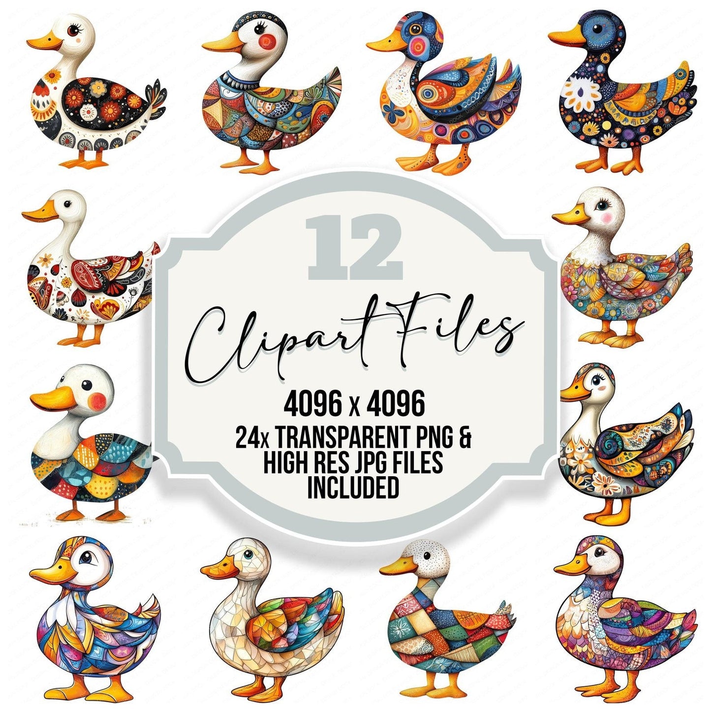 Patterned Folk Art Duck Clipart Set (DDD006273)