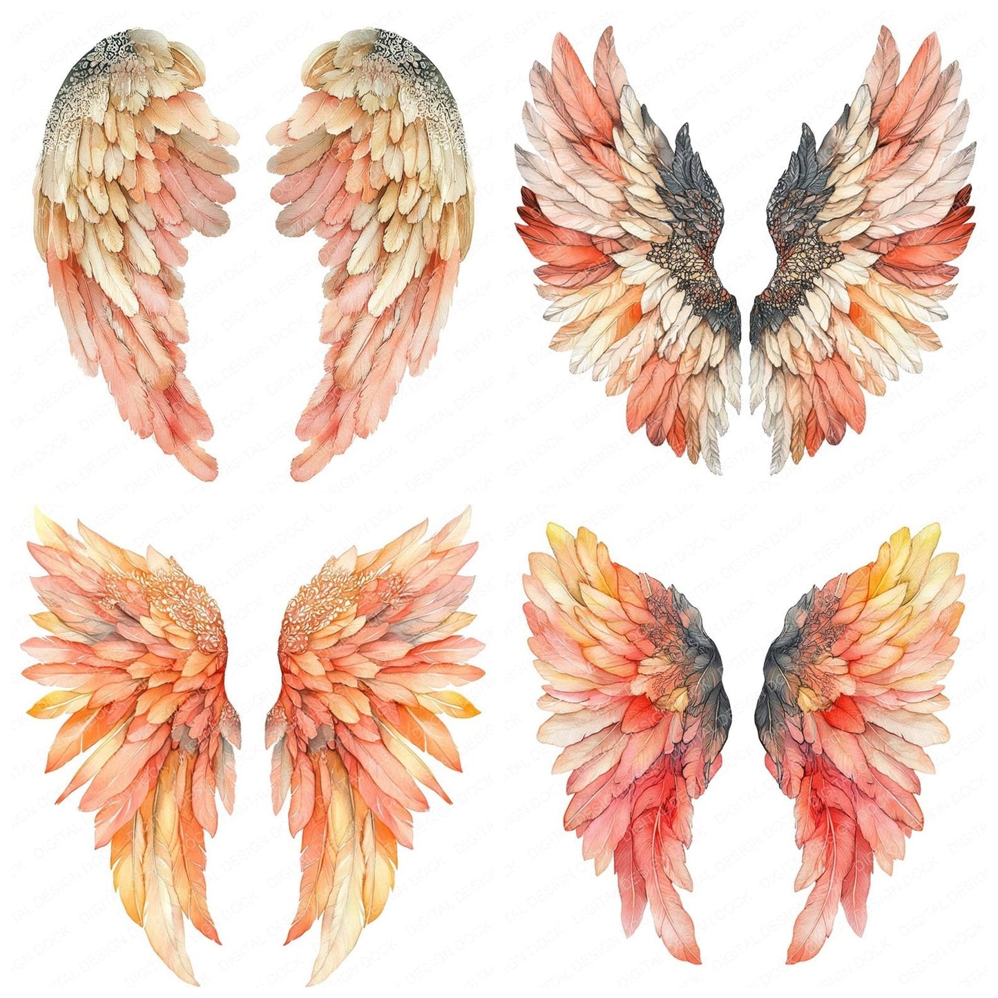 Peach Ombre Angel Wings Clipart Set (DDD006275)