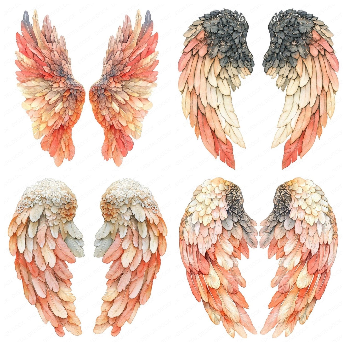 Peach Ombre Angel Wings Clipart Set (DDD006275)