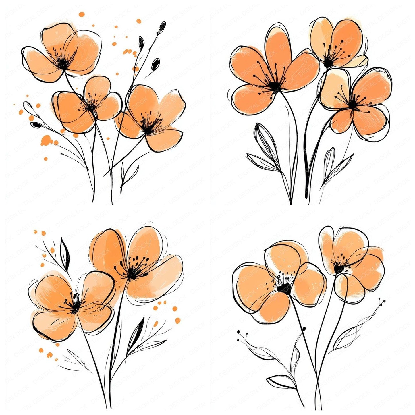 Peach Orange Abstract Flowers Clipart Set (DDD006276)