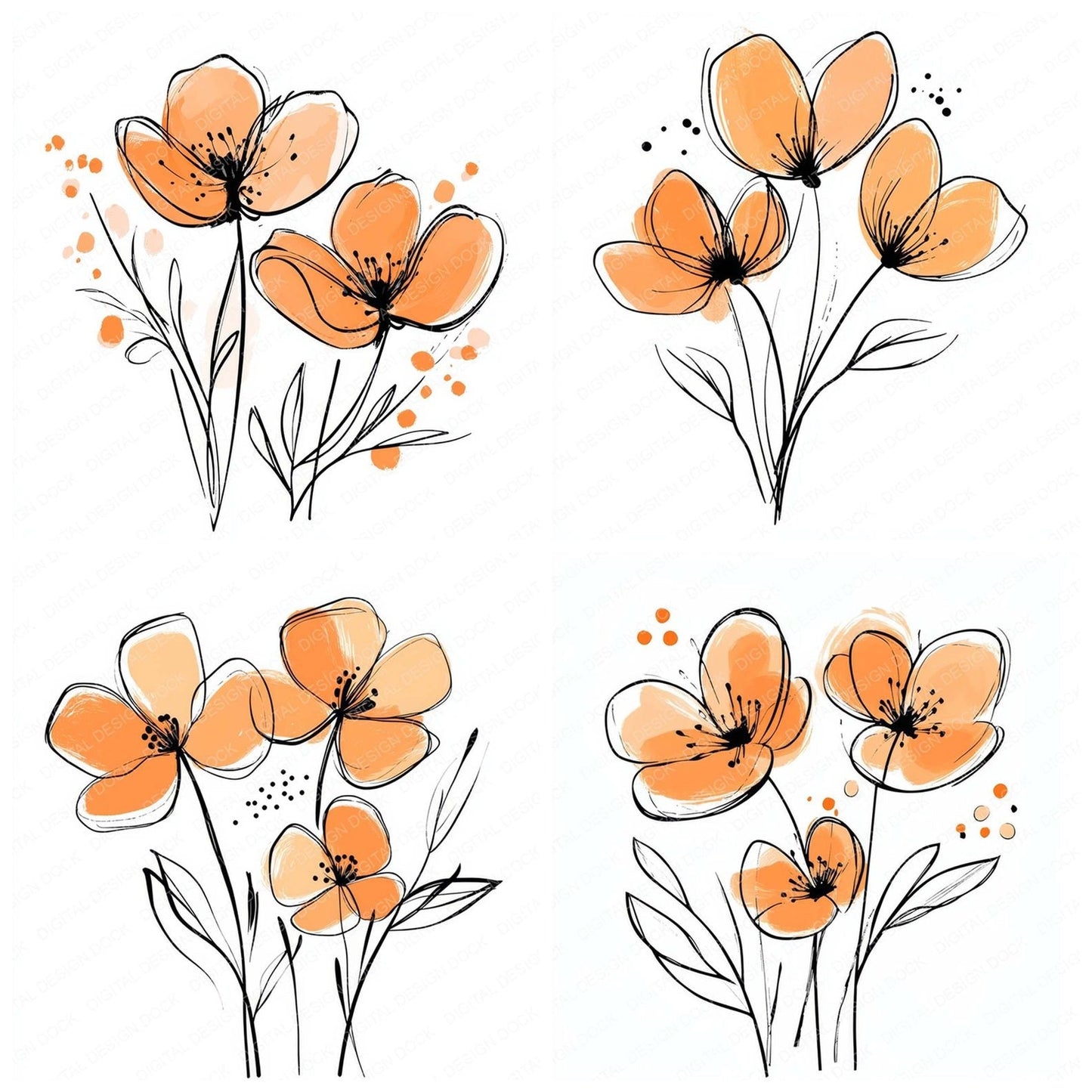 Peach Orange Abstract Flowers Clipart Set (DDD006276)