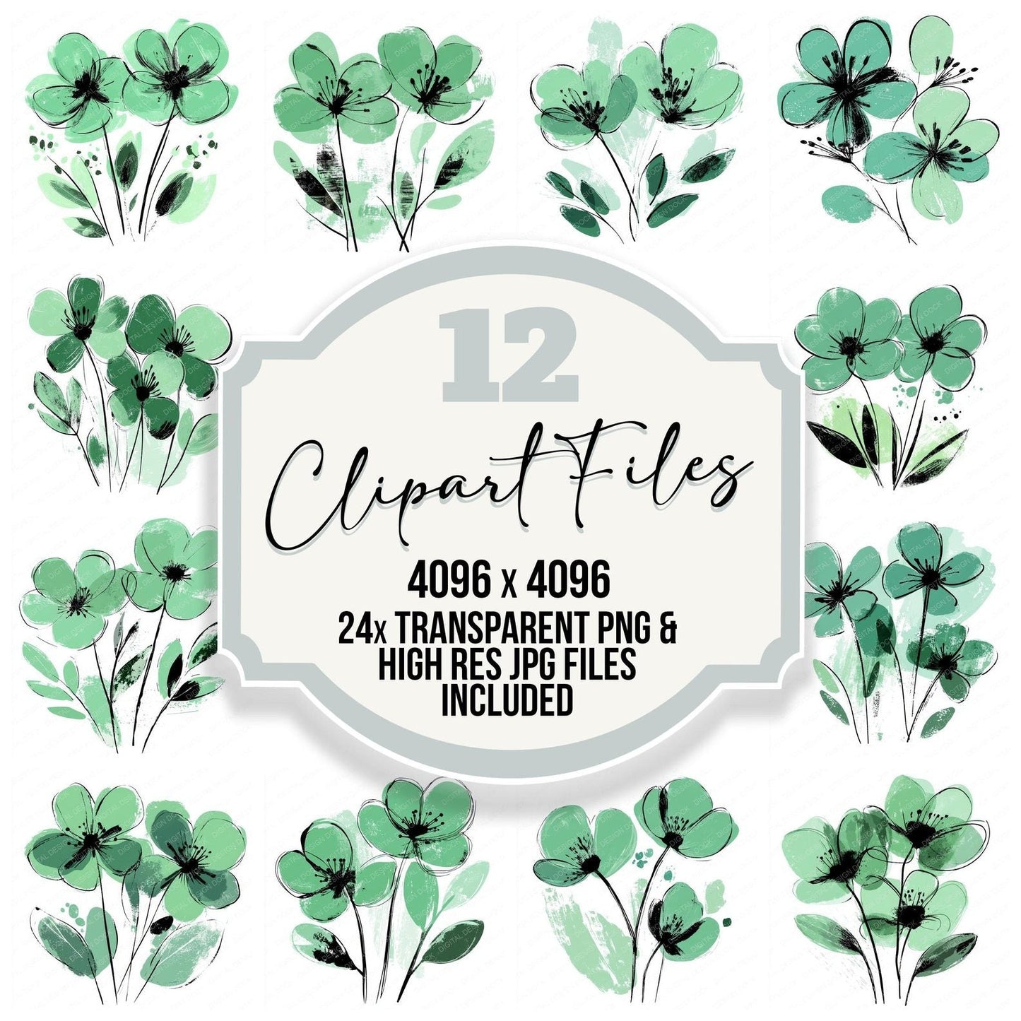 Pine Green Abstract Flowers Clipart Set (DDD006296)
