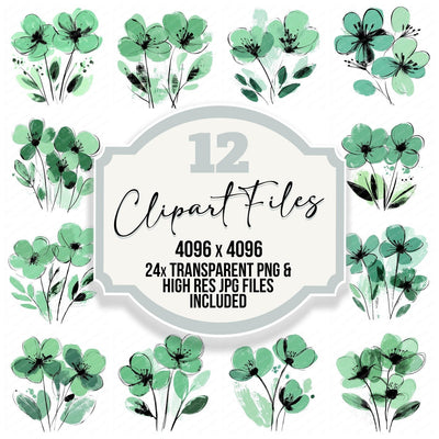 Pine Green Abstract Flowers clipart set cover showing the designs and file details