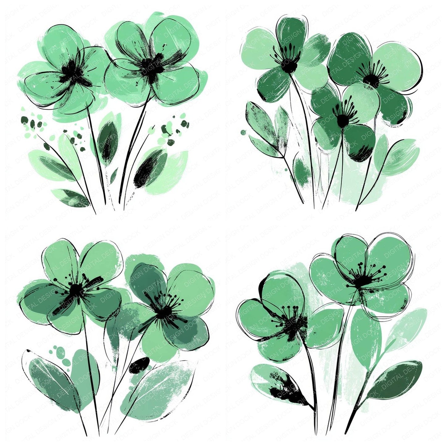 Pine Green Abstract Flowers Clipart Set (DDD006296)