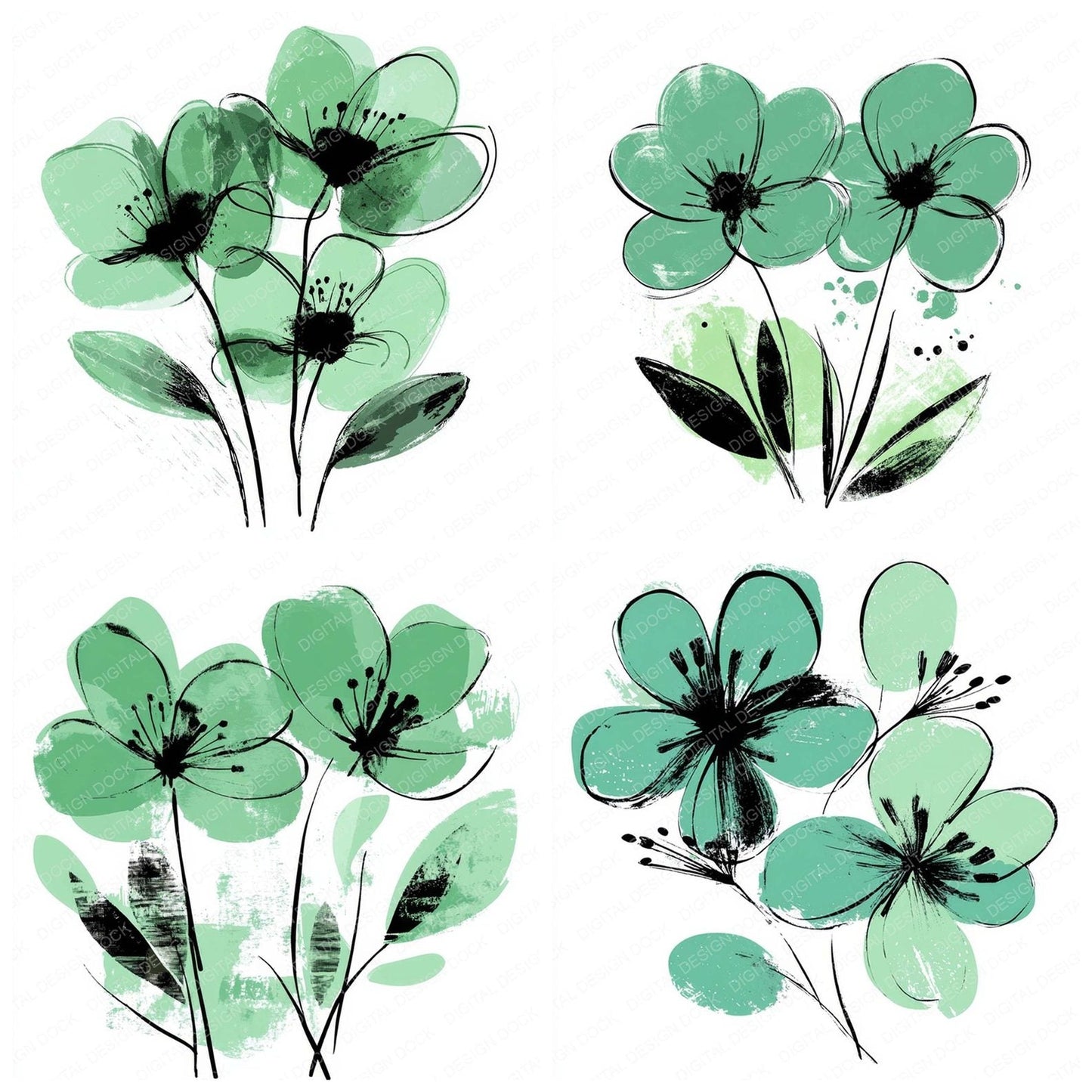 Pine Green Abstract Flowers Clipart Set (DDD006296)