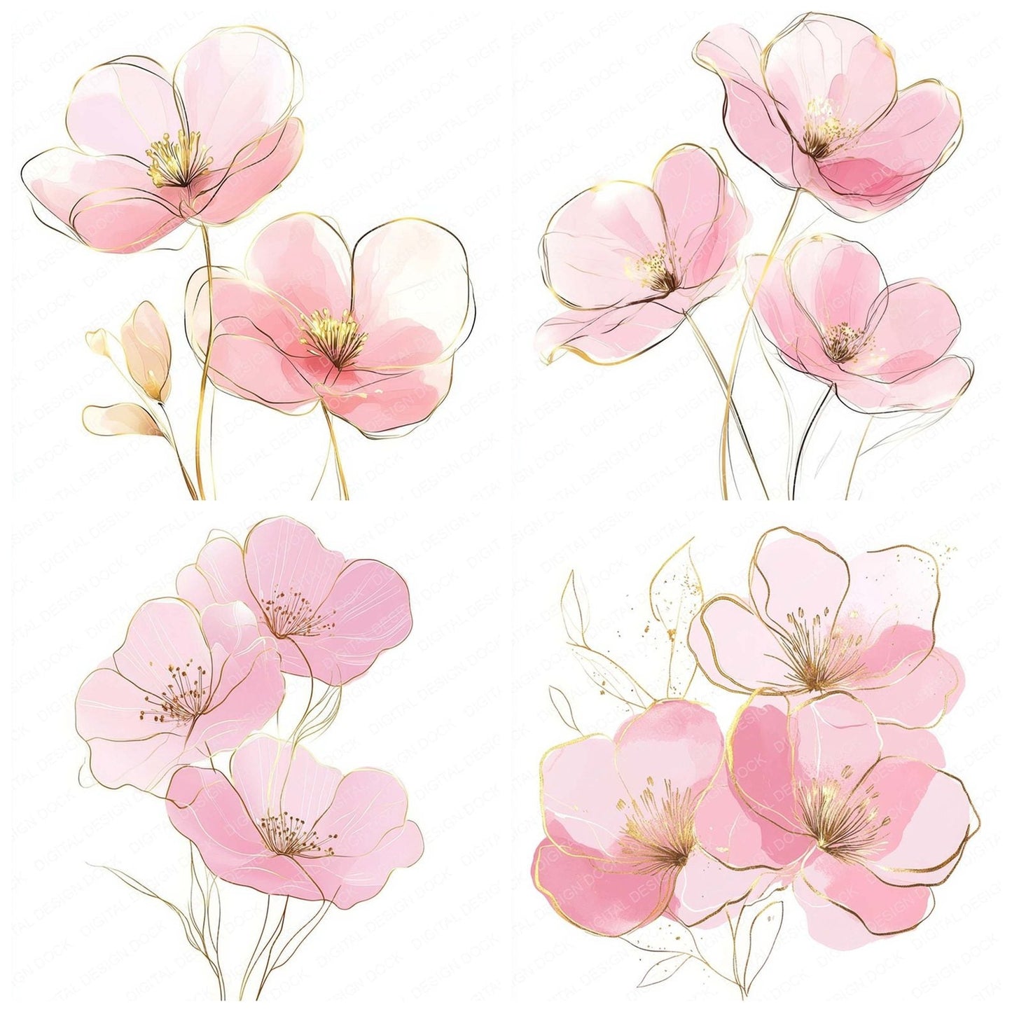 Pink and Gold Abstract Flowers Clipart Set (DDD006298)