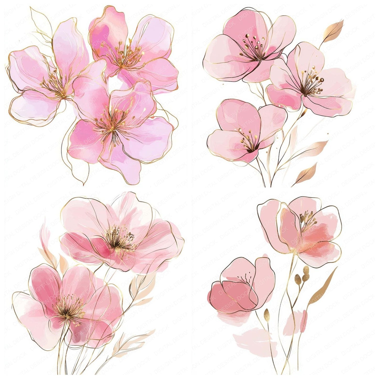 Pink and Gold Abstract Flowers Clipart Set (DDD006298)