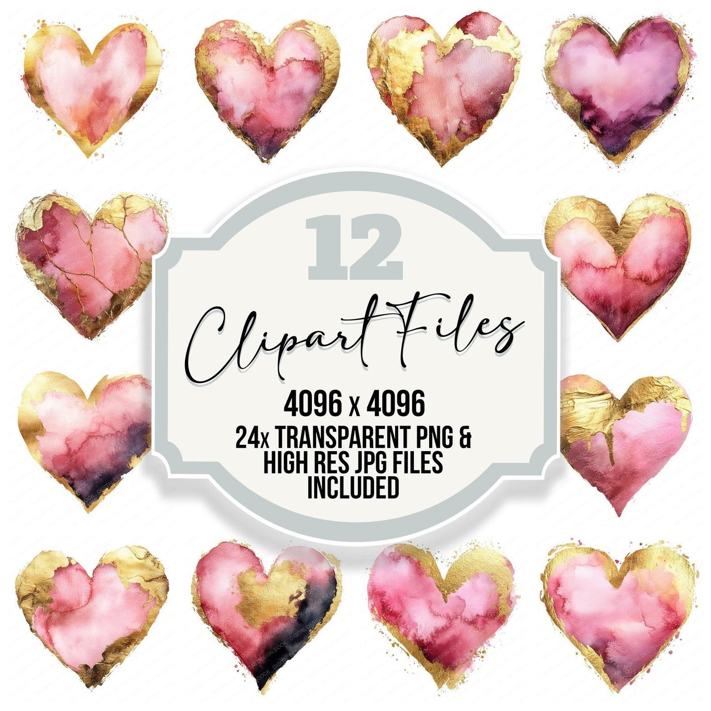 Pink and Gold Watercolour Heart Clipart Set (DDD006300)