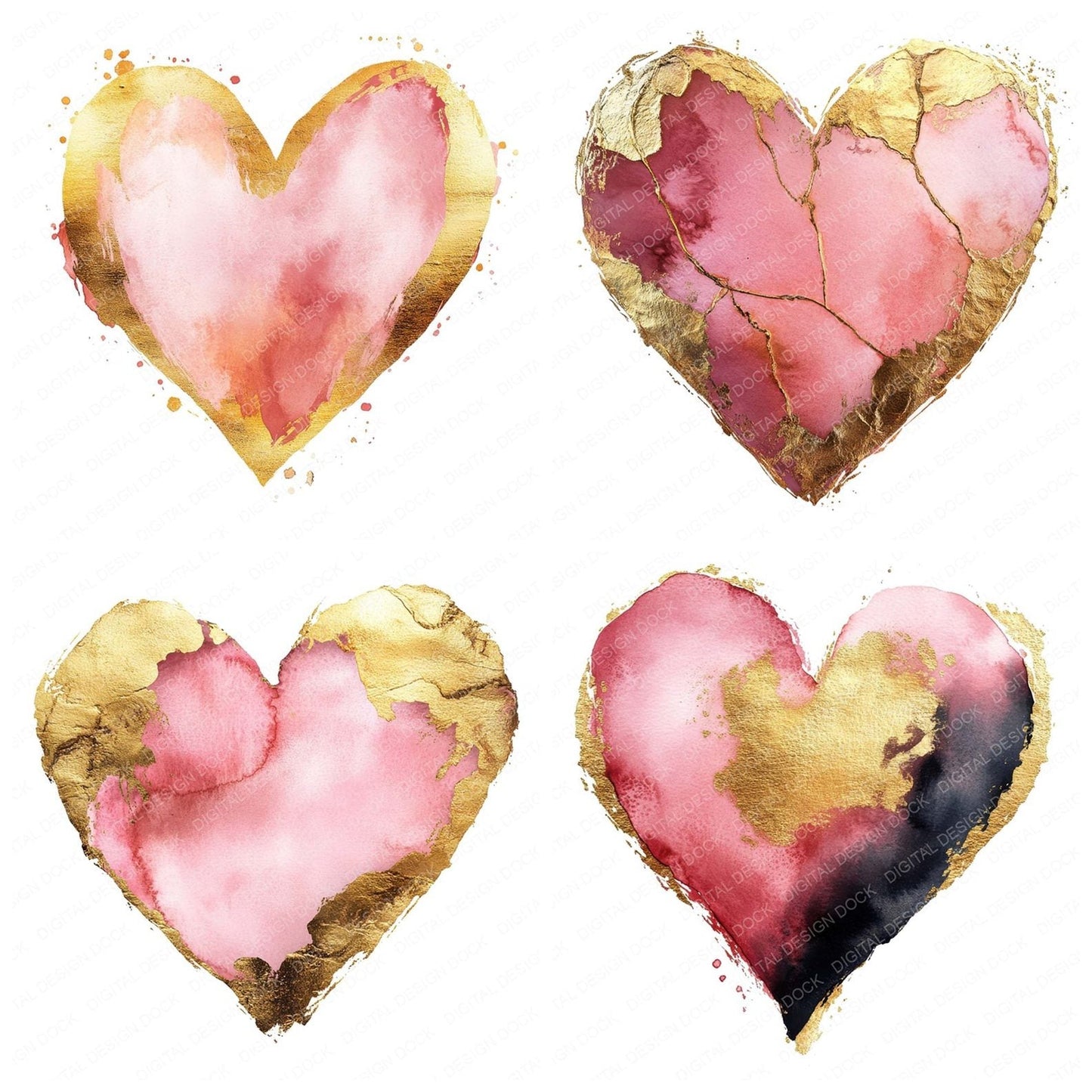 Pink and Gold Watercolour Heart Clipart Set (DDD006300)