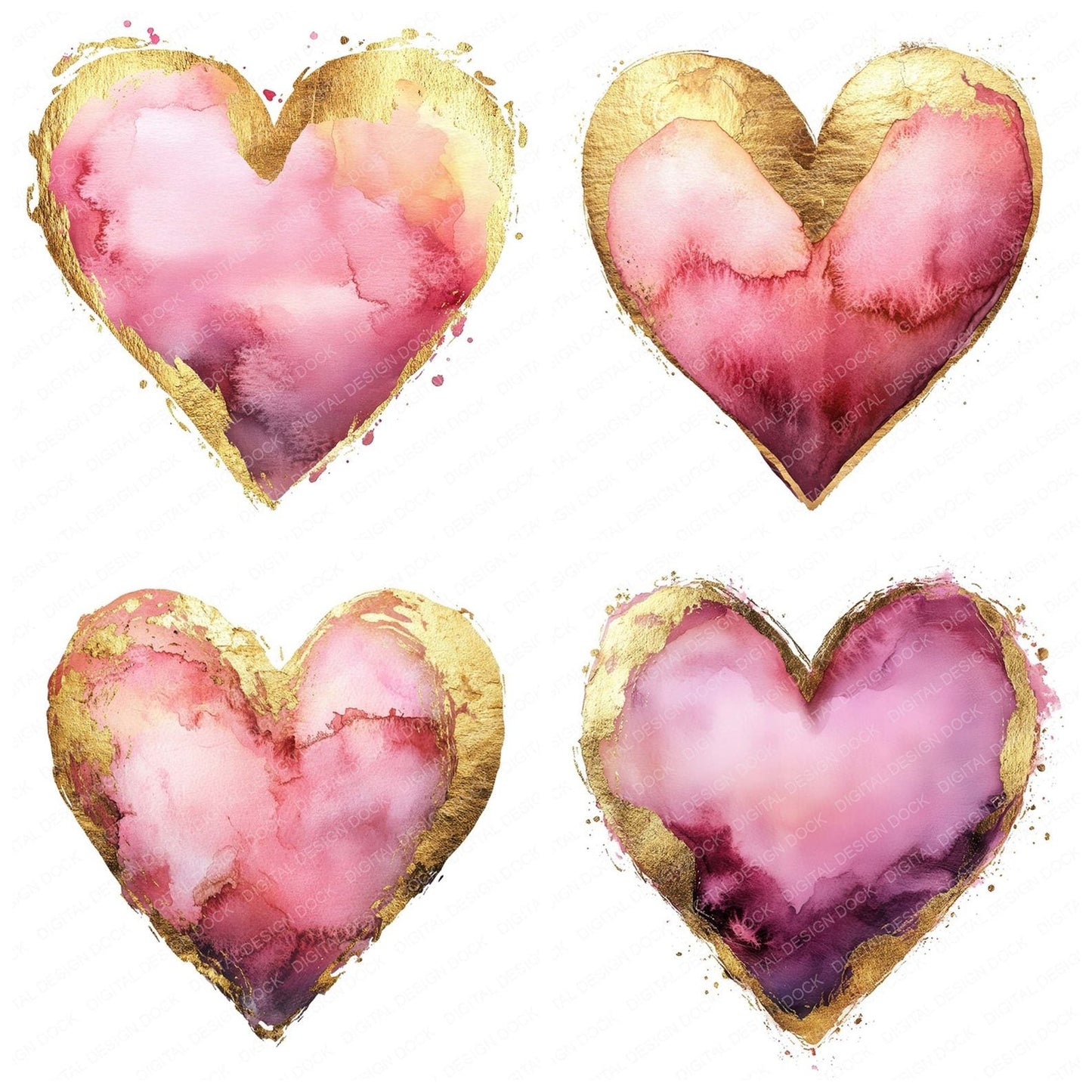 Pink and Gold Watercolour Heart Clipart Set (DDD006300)