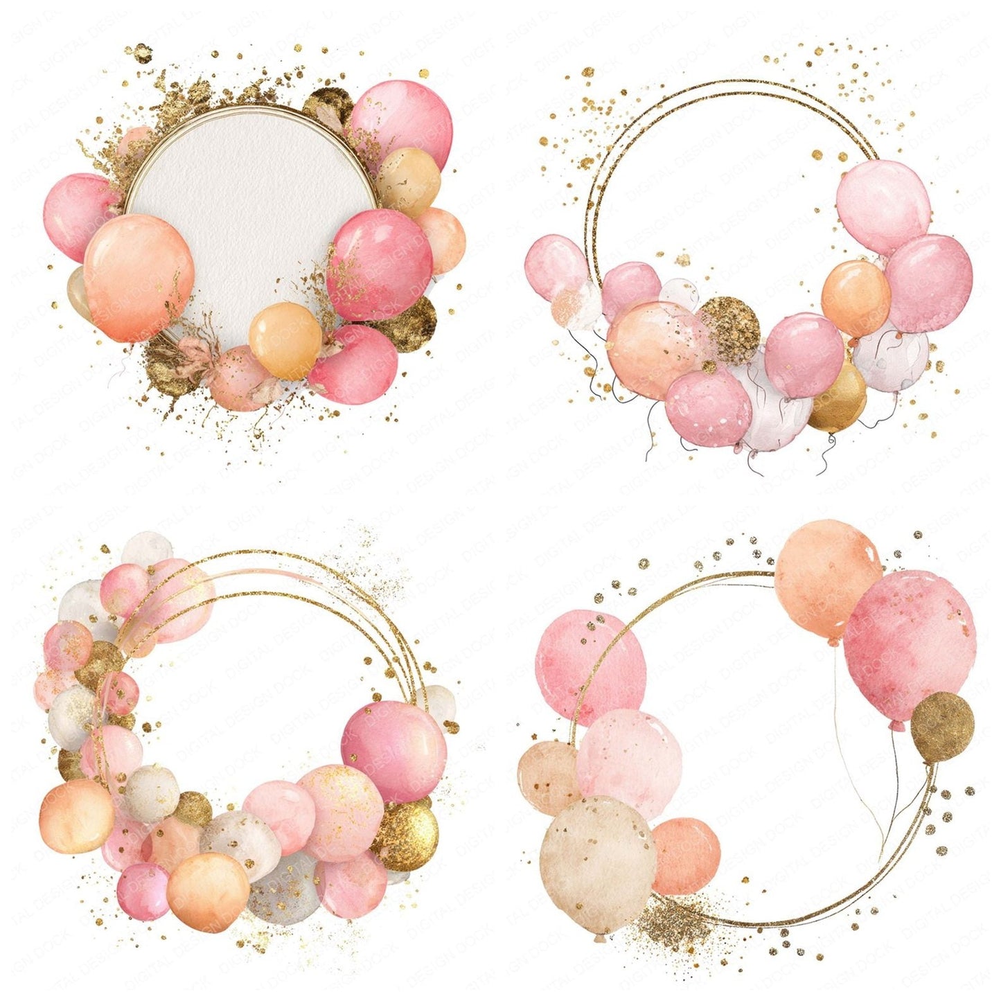 Pink Gold Balloon Circle Frame Clipart Set (DDD006305)
