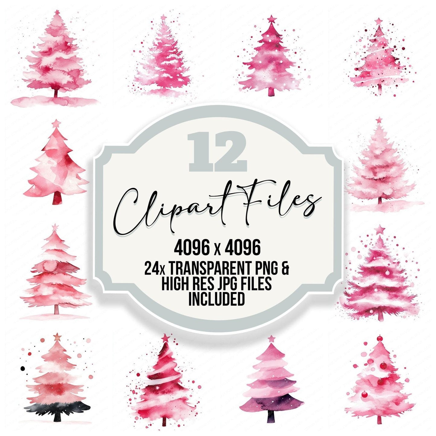 Pink Watercolour Chirstmas Tree Clipart Set (DDD006309)