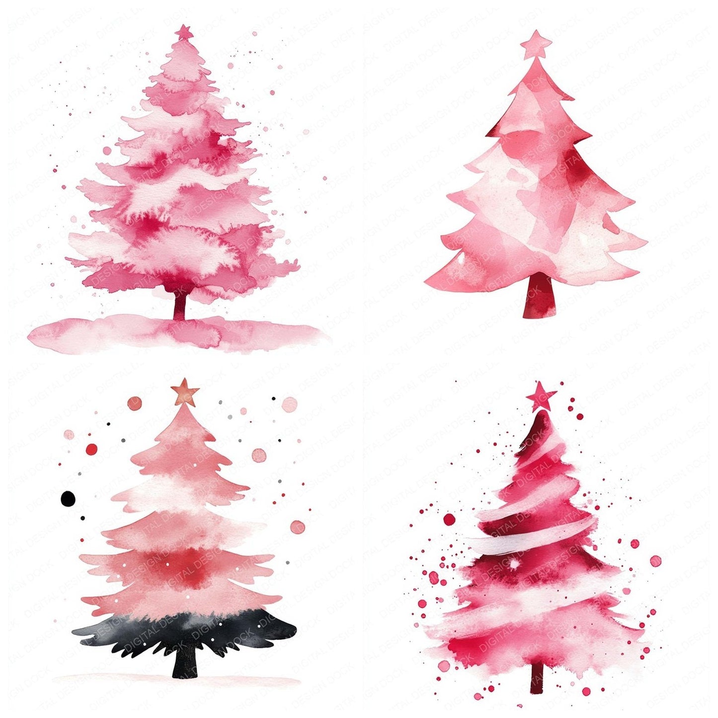 Pink Watercolour Chirstmas Tree Clipart Set (DDD006309)