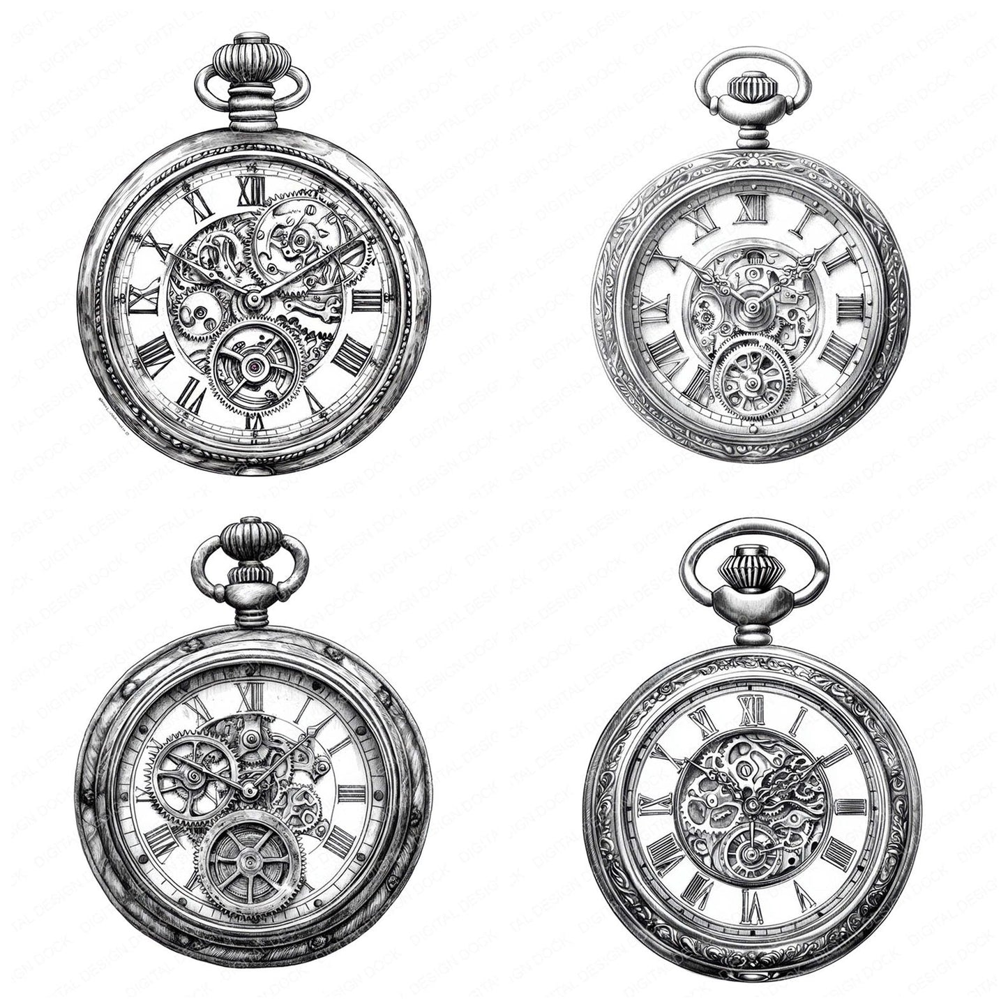 Pocket Watch Drawing Clipart Set (DDD006329)