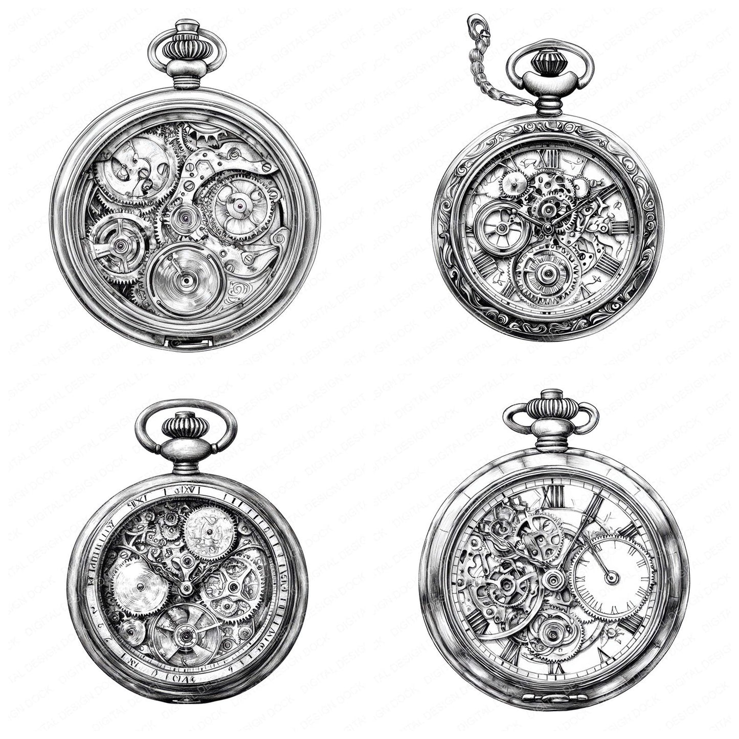 Pocket Watch Drawing Clipart Set (DDD006329)