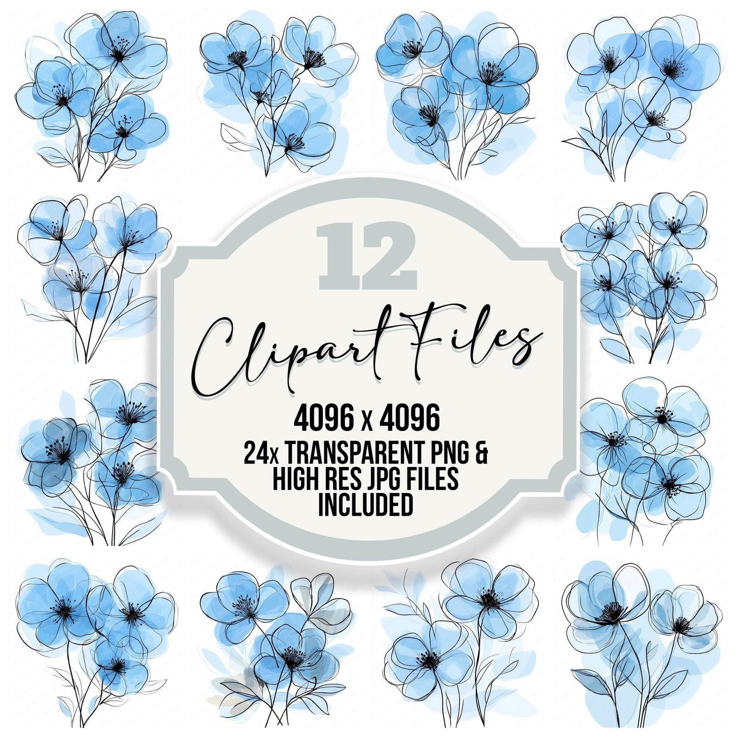 Powder Blue Abstract Flowers Clipart Set (DDD006346)