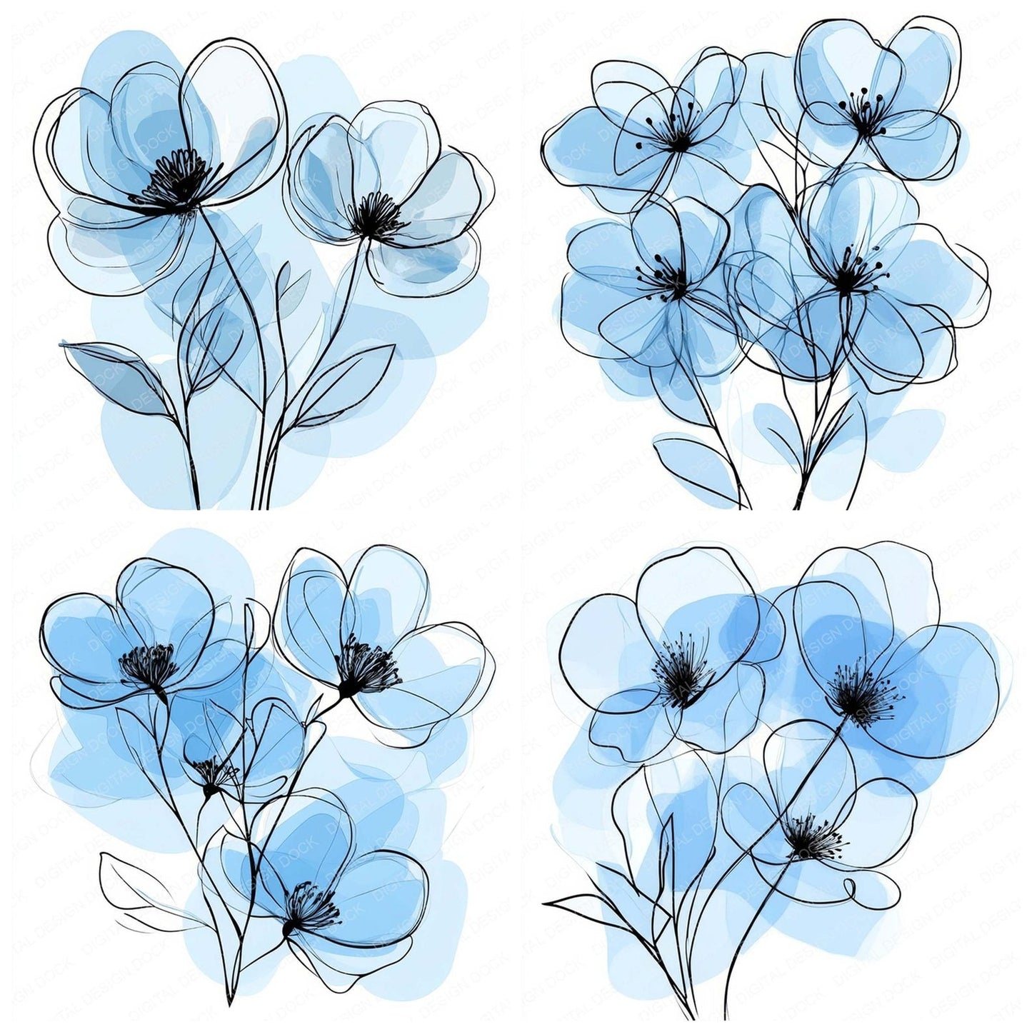 Powder Blue Abstract Flowers Clipart Set (DDD006346)