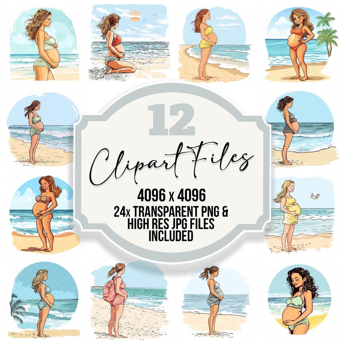 Pregnant Woman on Beach Clipart Set (DDD006348)