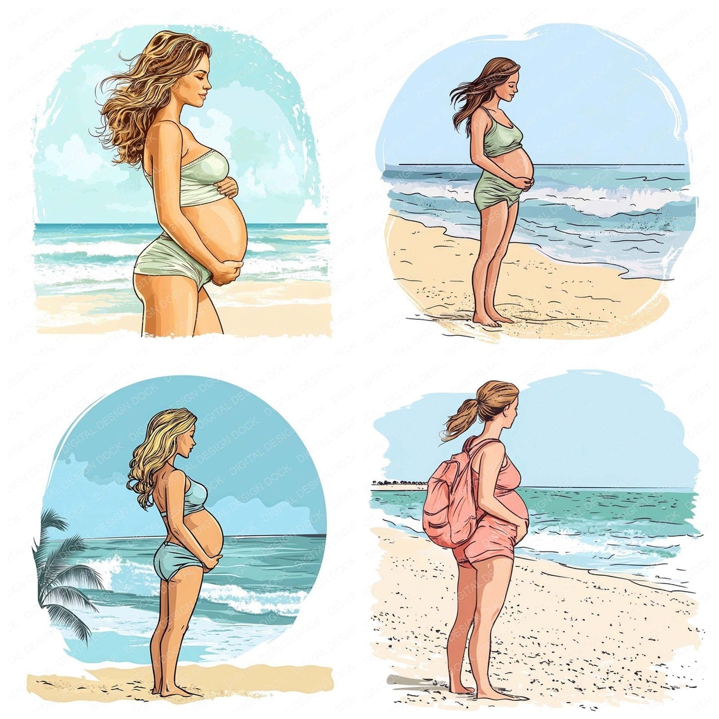 Pregnant Woman on Beach Clipart Set (DDD006348)