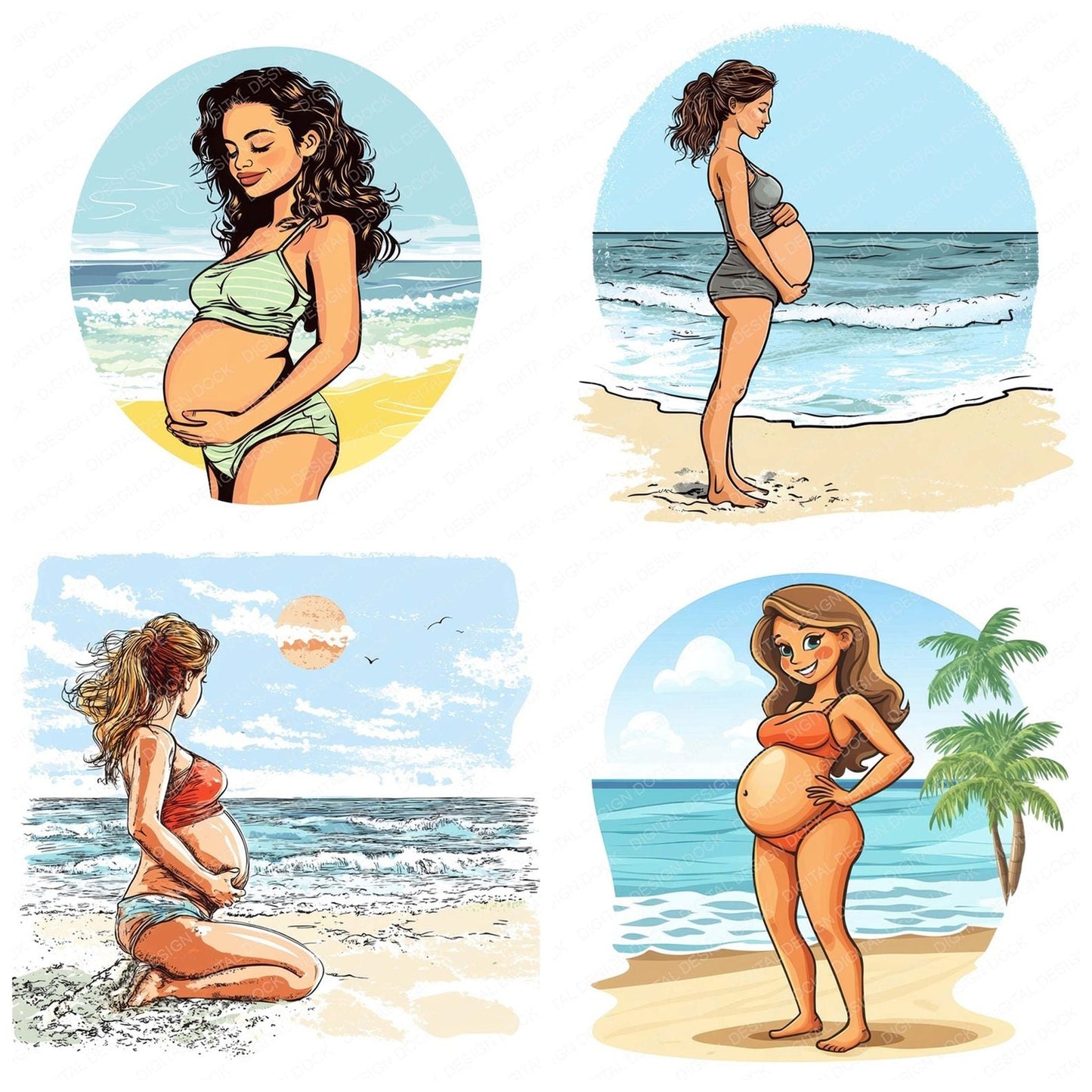 Pregnant Woman on Beach Clipart Set (DDD006348)