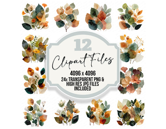 Pressed Leaf Collage clipart set with transparent PNGs and high resolution JPGs for crafting and design projects