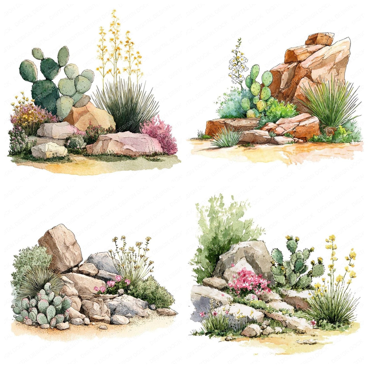 Prickly Pear Desert Rockery Clipart Set (DDD006359)