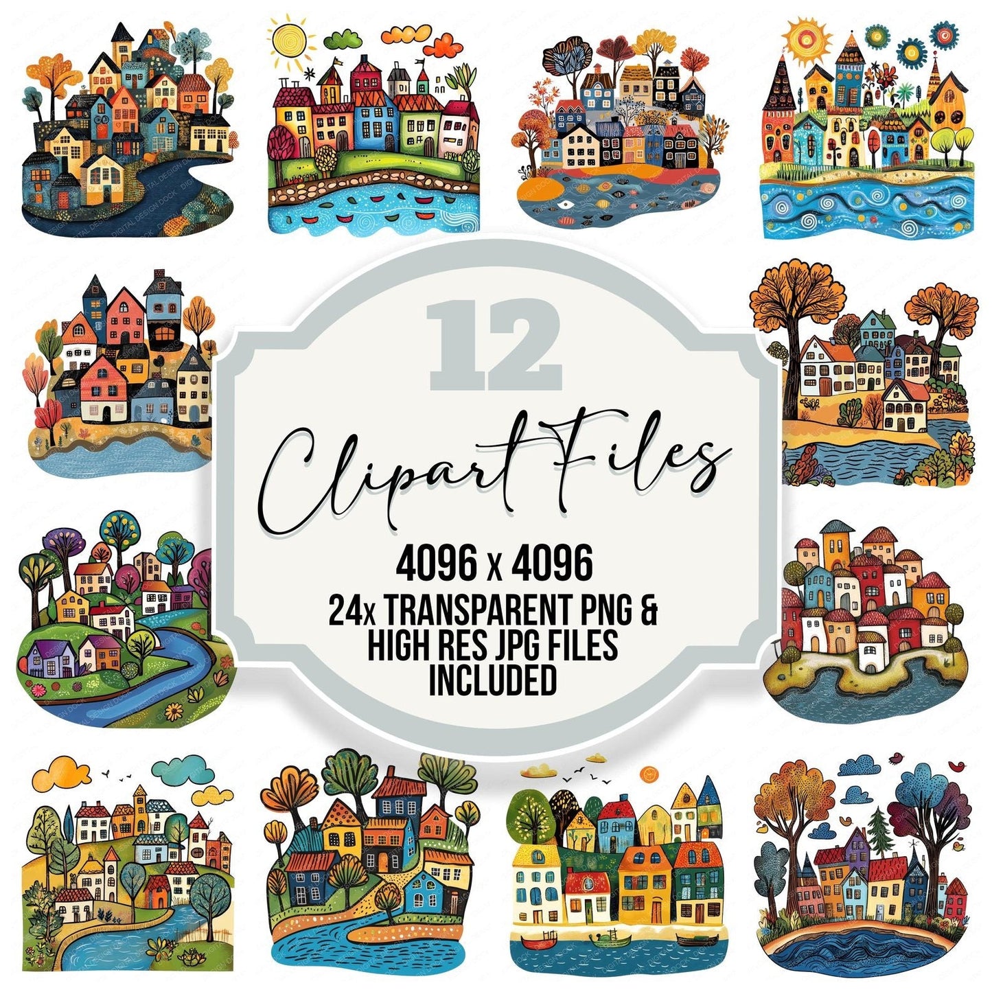 Quaint Riverside Village Clipart Set (DDD006369)
