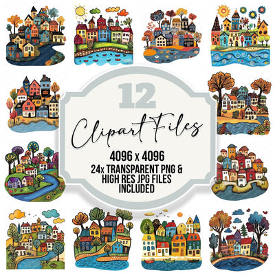 Quaint Riverside Village clipart set cover showing the designs and file details