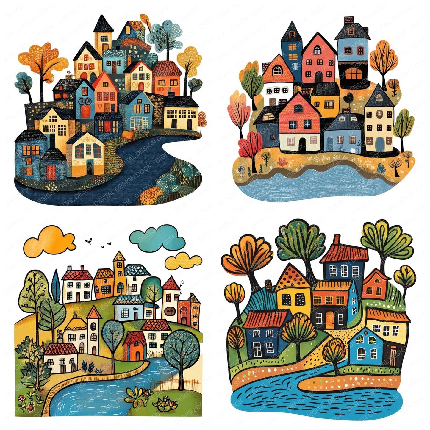 Quaint Riverside Village Clipart Set (DDD006369)