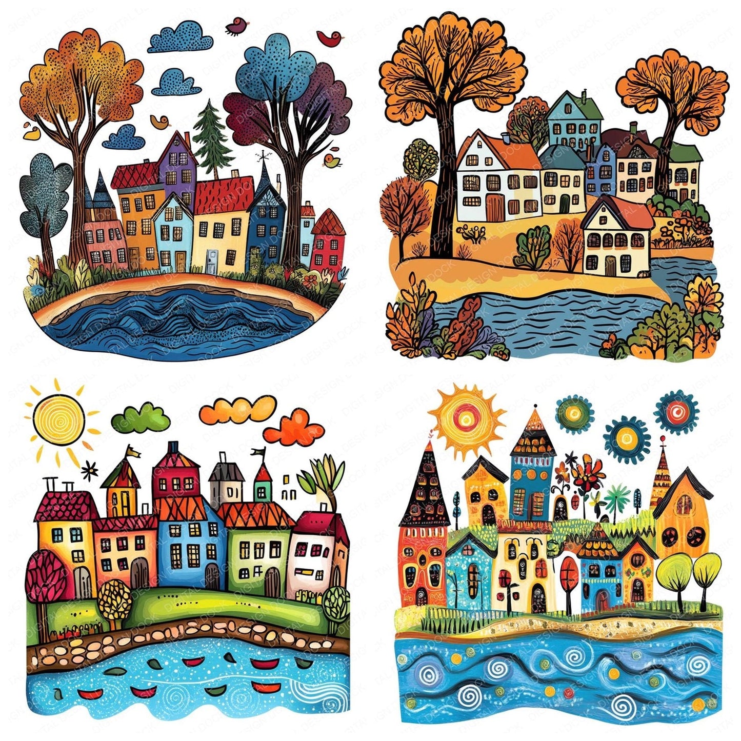 Quaint Riverside Village Clipart Set (DDD006369)