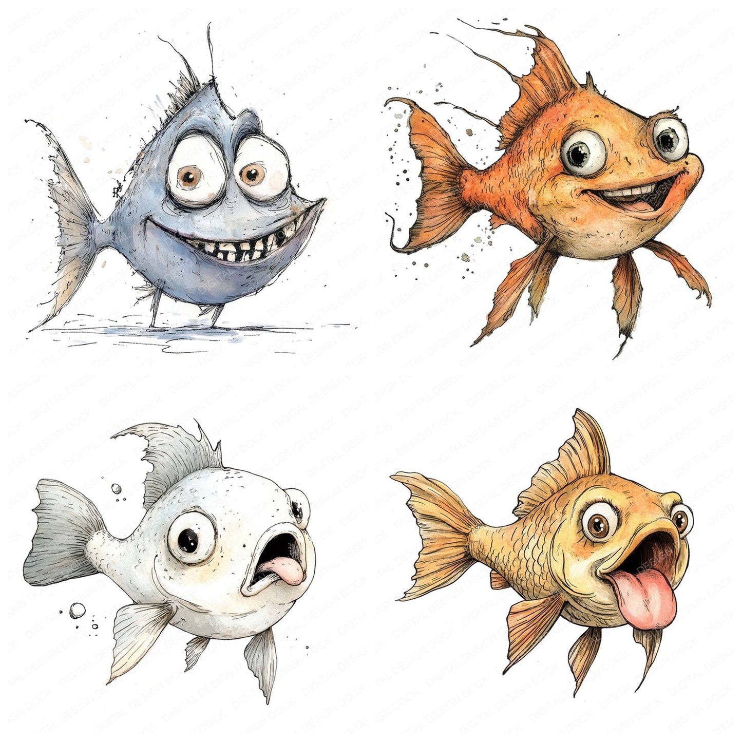 Quirky Fish Character Clipart Set (DDD006375)