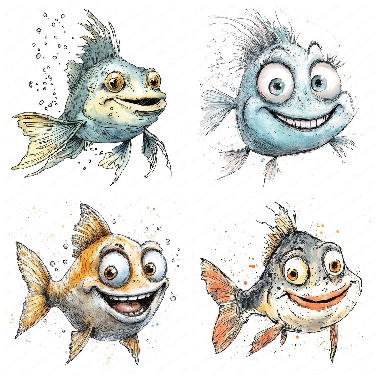 Quirky Fish Character Clipart Set (DDD006375)