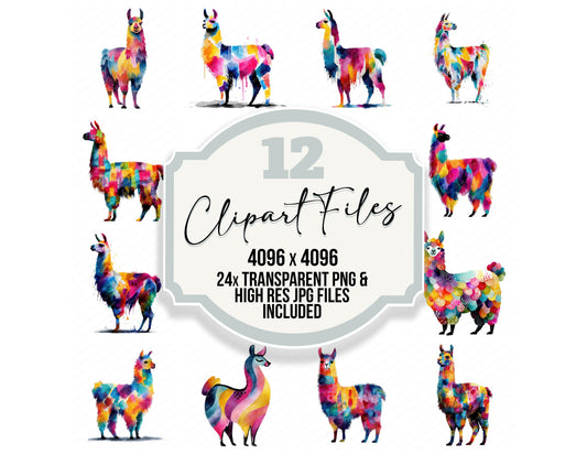 Rainbow Abstract Llama clipart set with transparent PNGs and high resolution JPGs for crafting and design projects