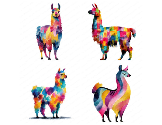 Preview layout showing Rainbow Abstract Llama clipart elements for scrapbooking, junk journals, and card making