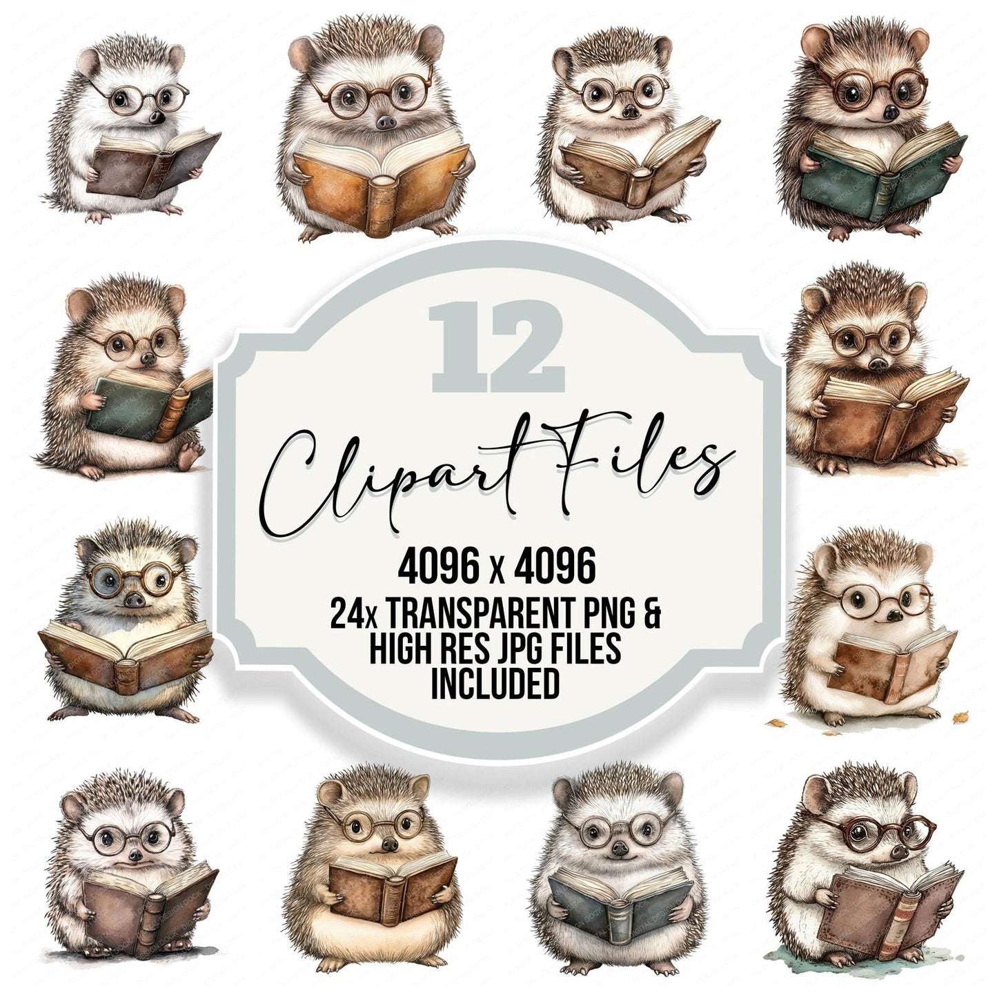 Reading Hedgehog with Glasses Clipart Set (DDD006394)