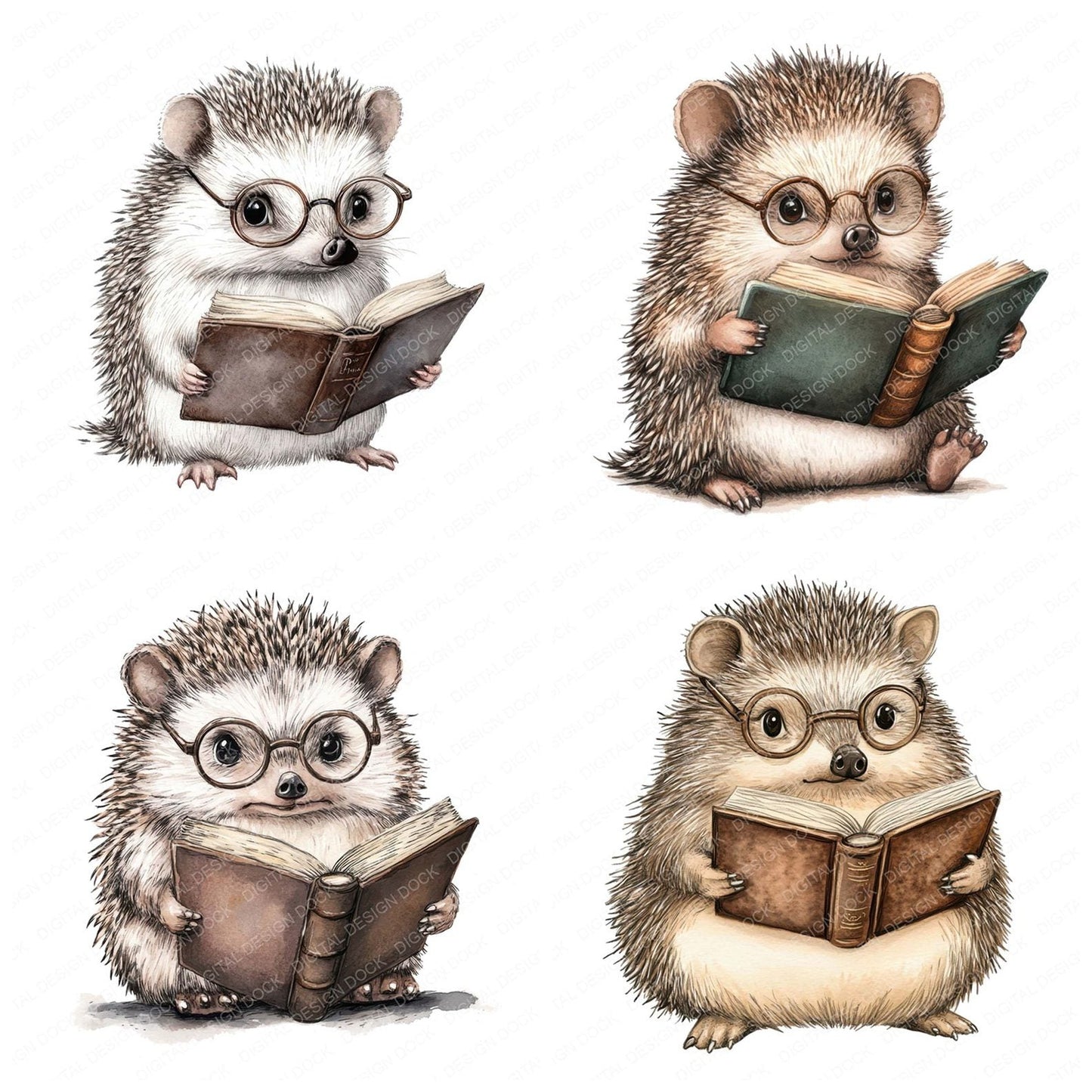 Reading Hedgehog with Glasses Clipart Set (DDD006394)